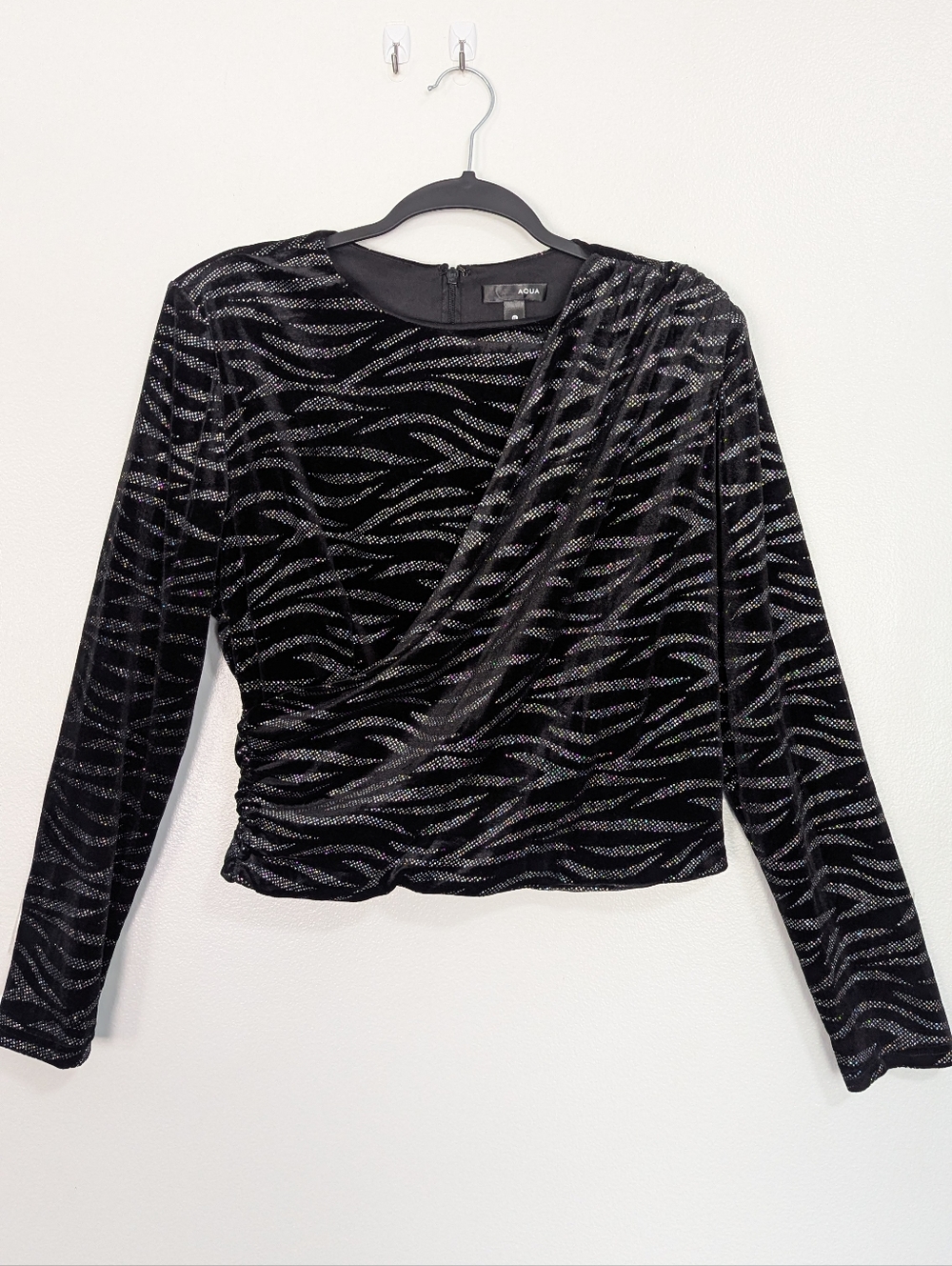AQUA Zebra Black Velvet Silver‎ Metallic Surplice Ruched Top Size XL